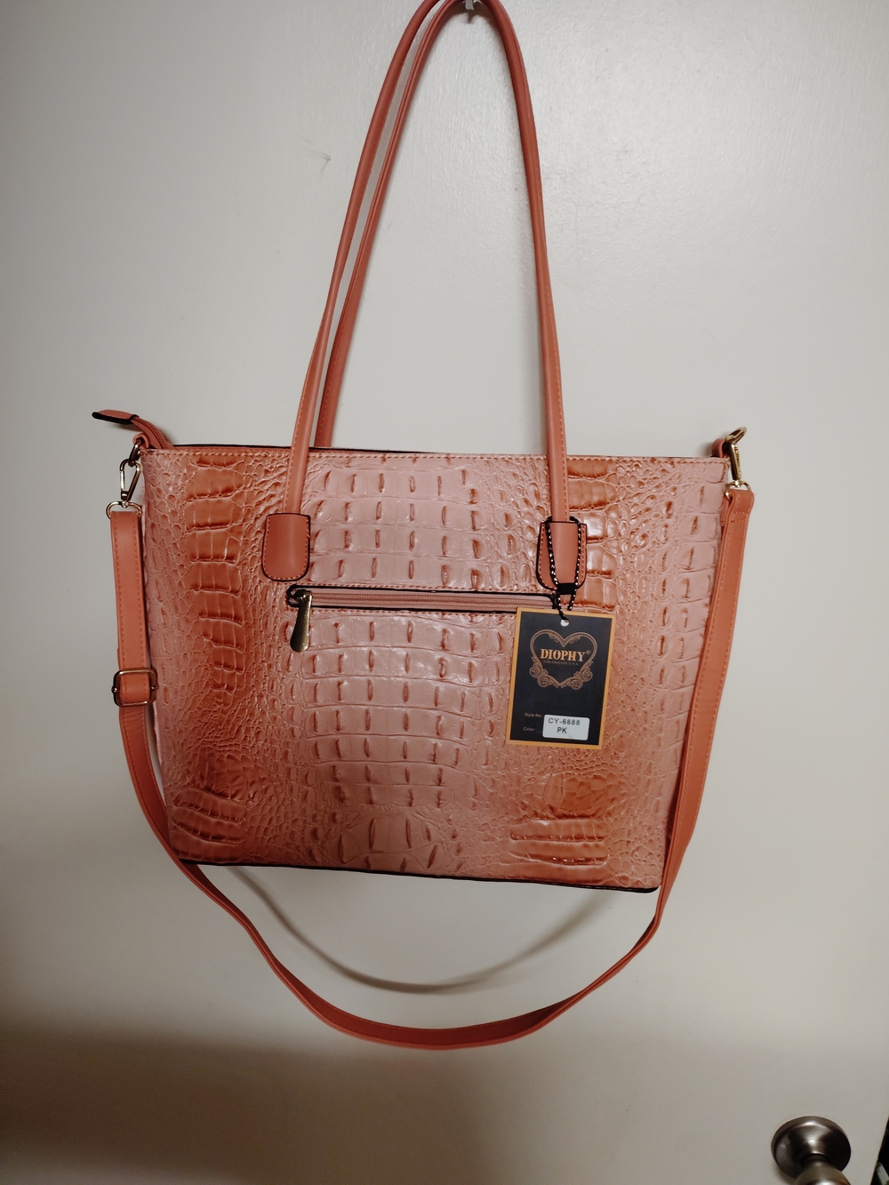 Diophy Pink Crocodile Print-Embossed Faux Leather Tote Bag.